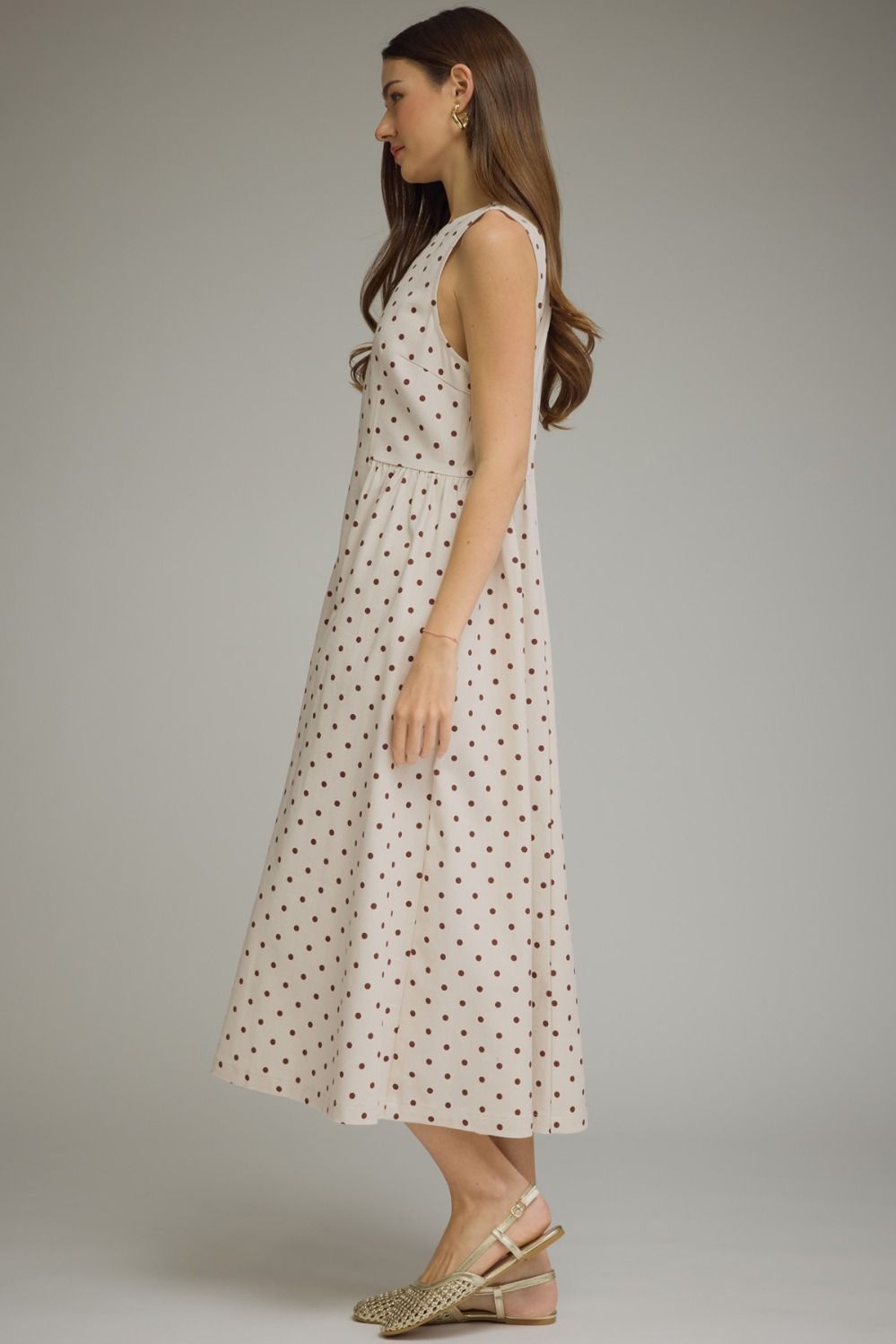 Anorah Ecru Polka Dot Midi Dress