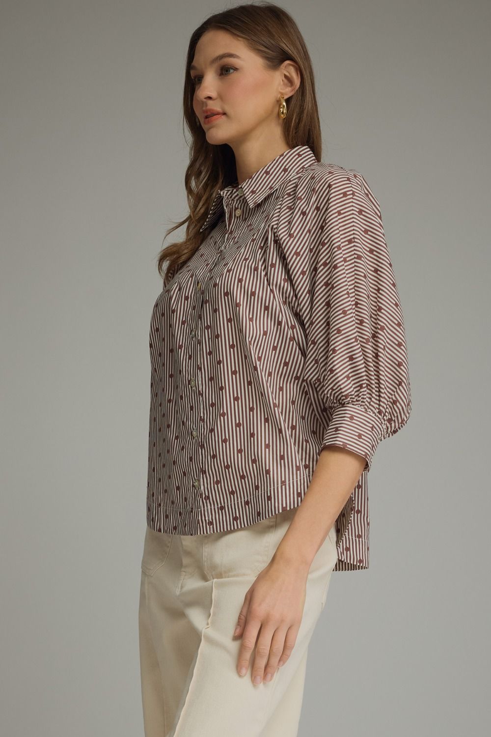 Dahlia Brown Striped Dot Print Blouse