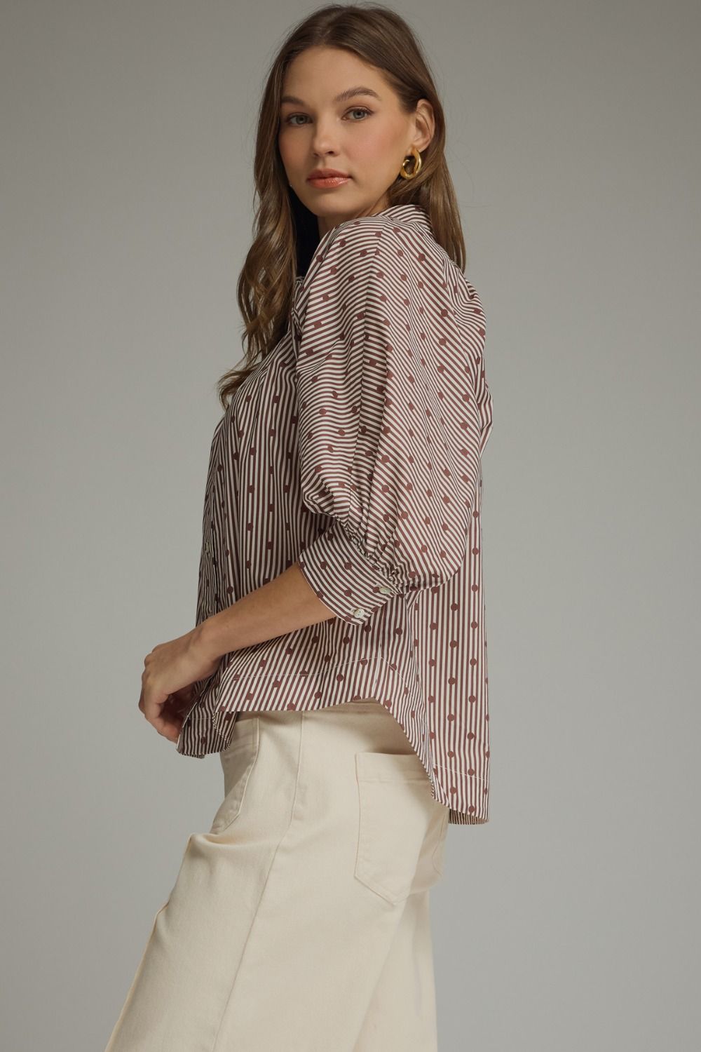 Dahlia Brown Striped Dot Print Blouse