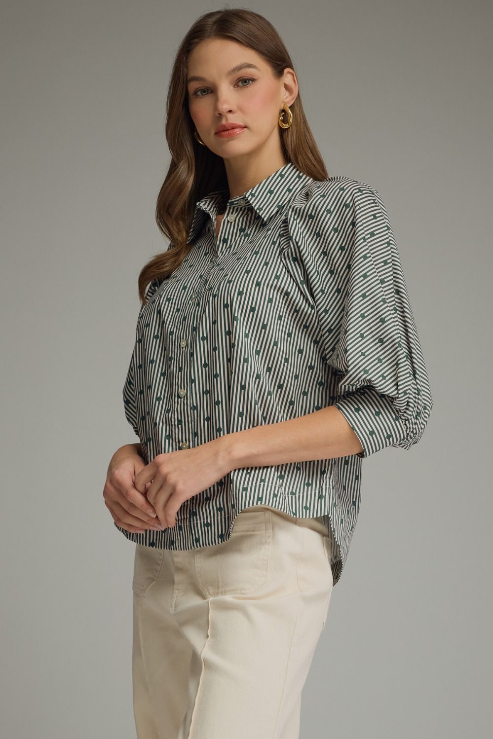 Dahlia Green Striped Dot Print Blouse