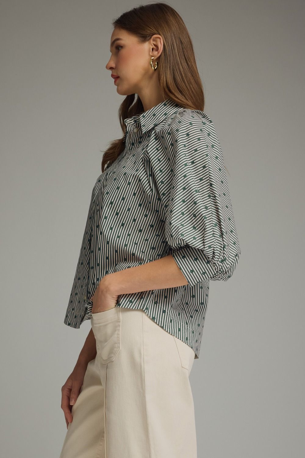 Dahlia Green Striped Dot Print Blouse