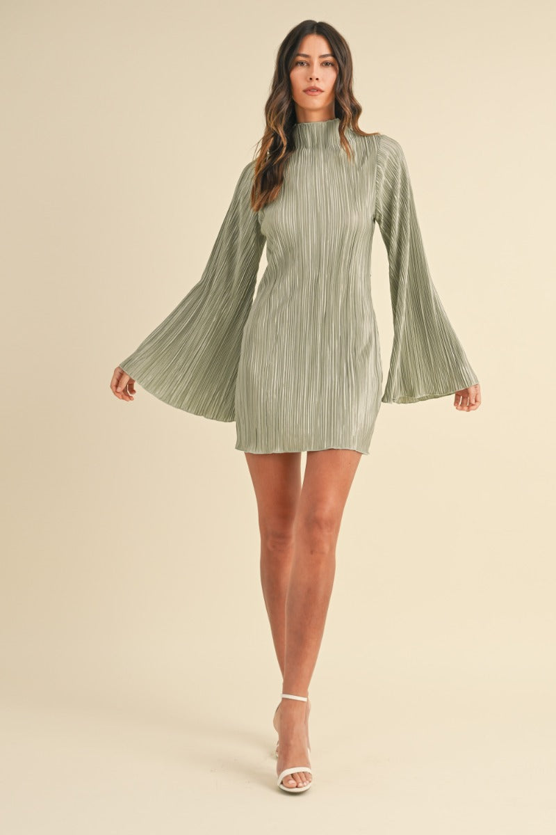 Hera Sage Plisse Bell Sleeve Dress