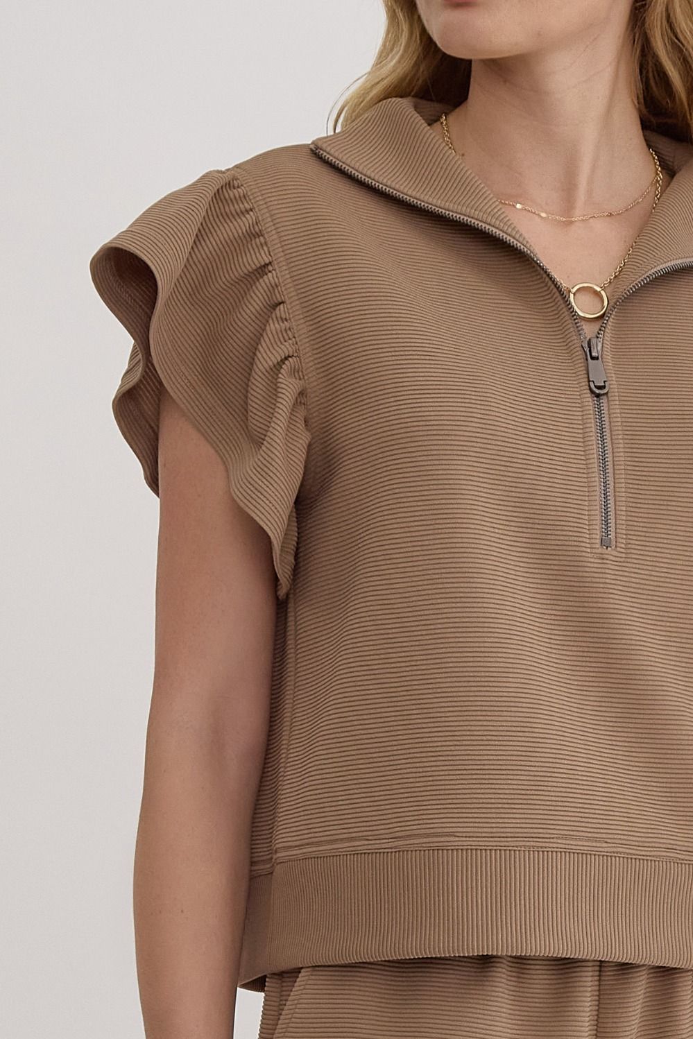 Nelly Mocha Ruffle Quarter Zip Top - FINAL SALE