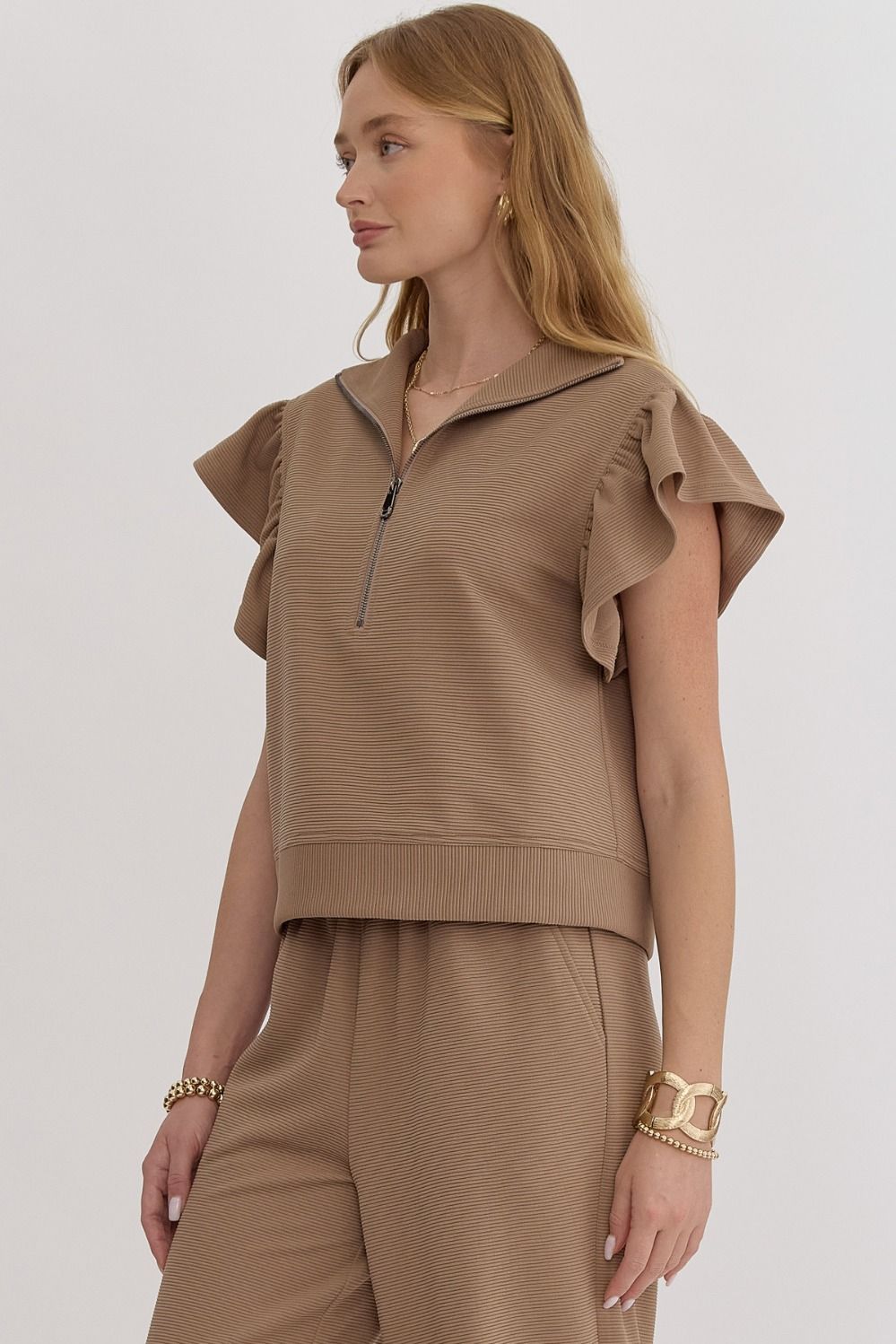 Nelly Mocha Ruffle Quarter Zip Top - FINAL SALE