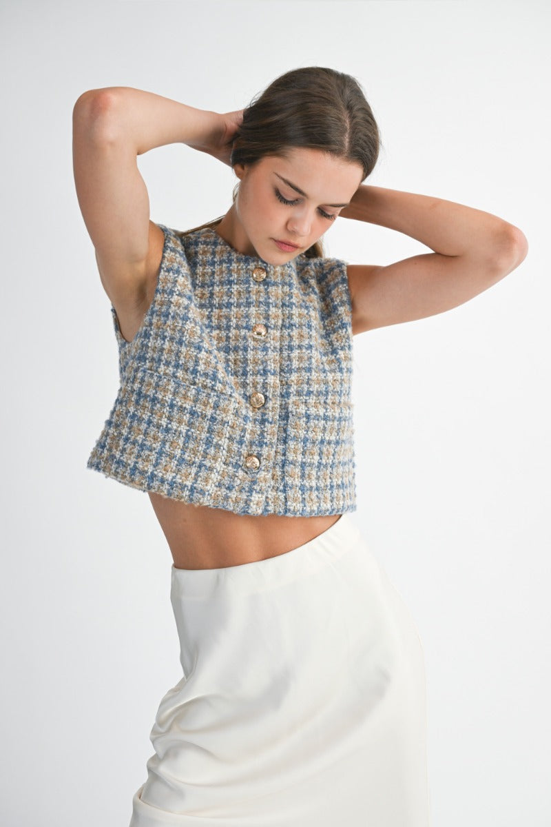 Omaira Blue Tweed Cropped Vest