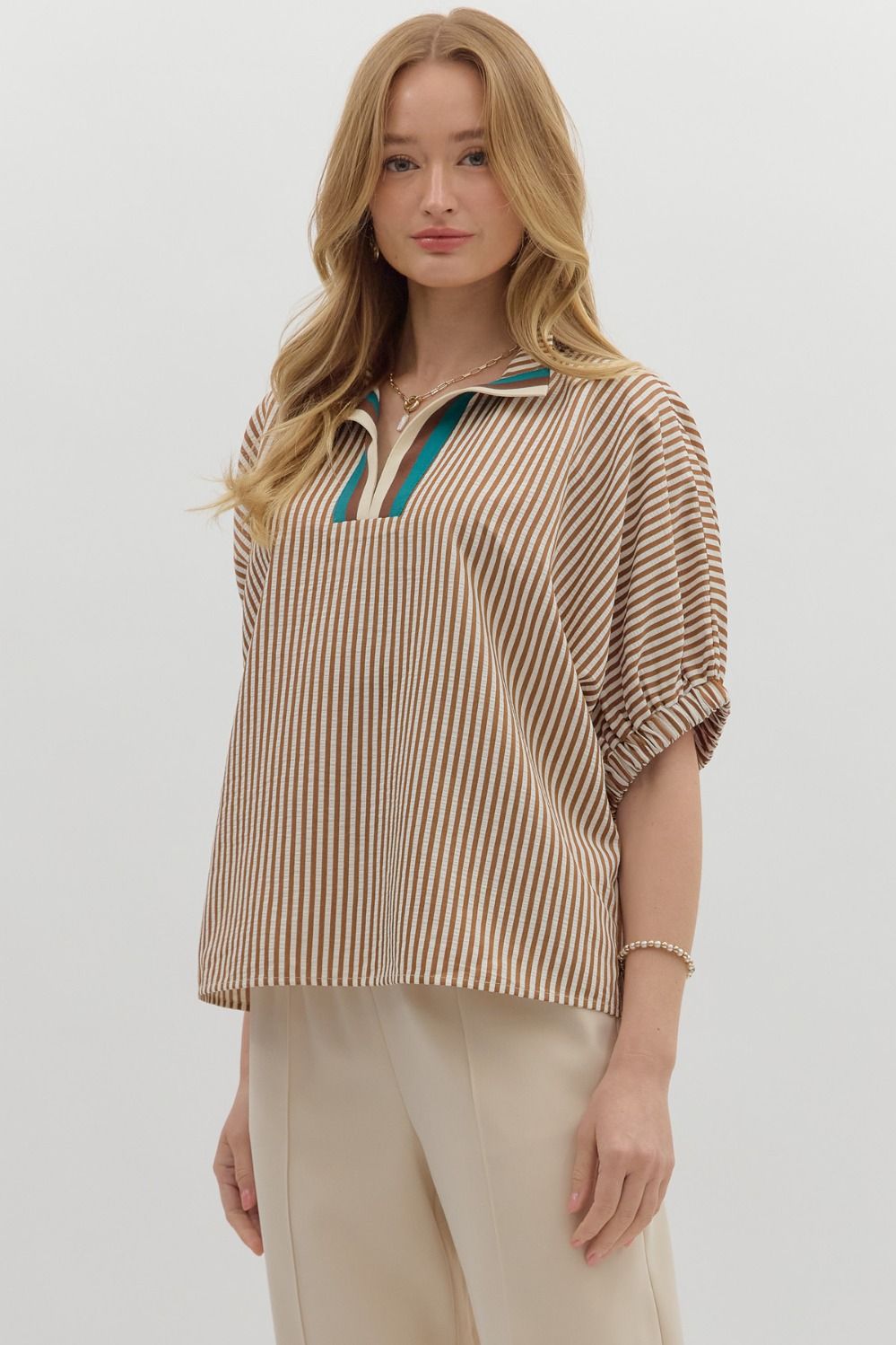 Calina Tan Striped Dolman Top