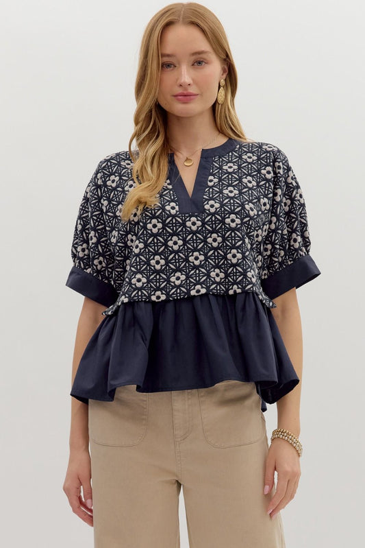 Madina Navy Jacquard Peplum Top