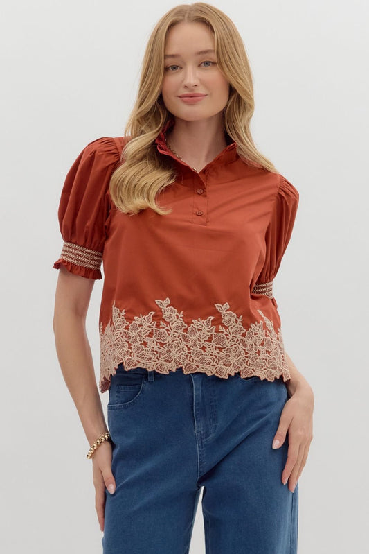 Evaline Rust Embroidered Blouse