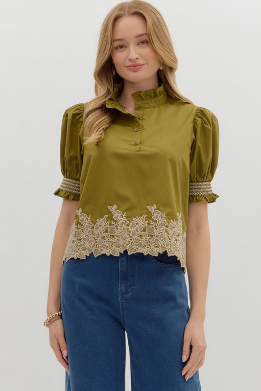 Evaline Olive Embroidered Blouse