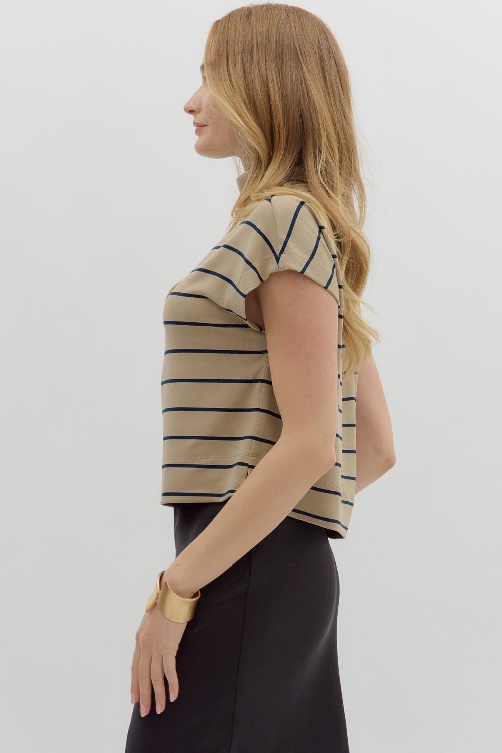 Elanie Taupe Striped Mockneck Top