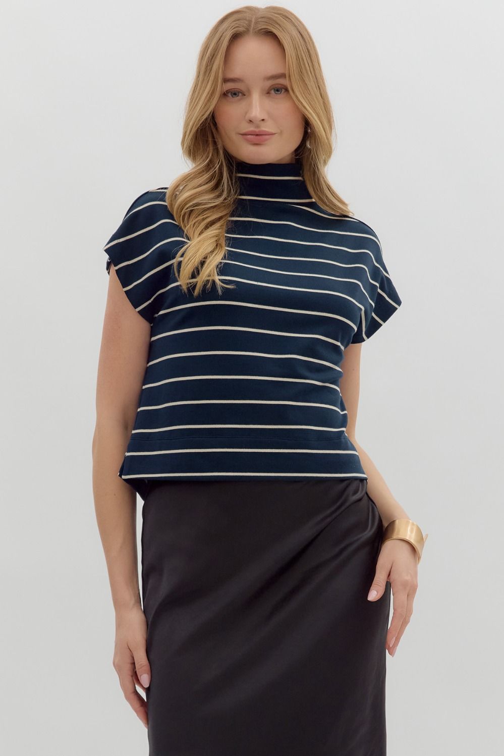 Elanie Navy Striped Mockneck Top