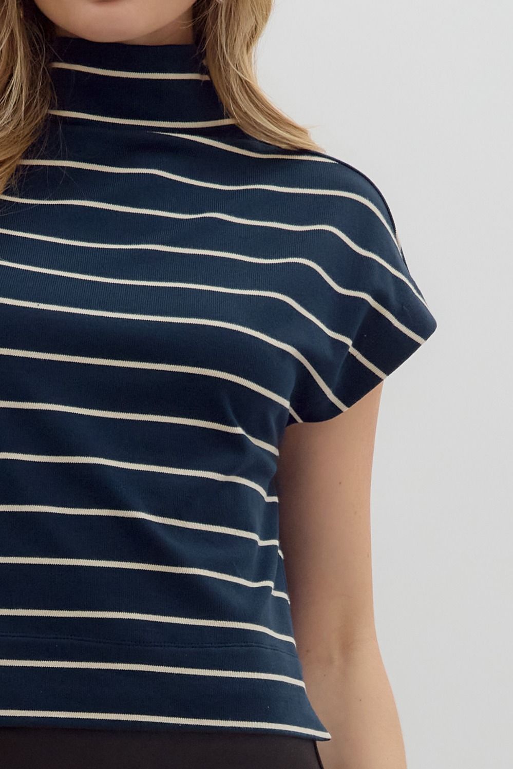 Elanie Navy Striped Mockneck Top