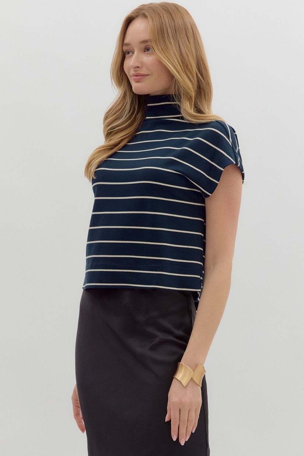 Elanie Navy Striped Mockneck Top