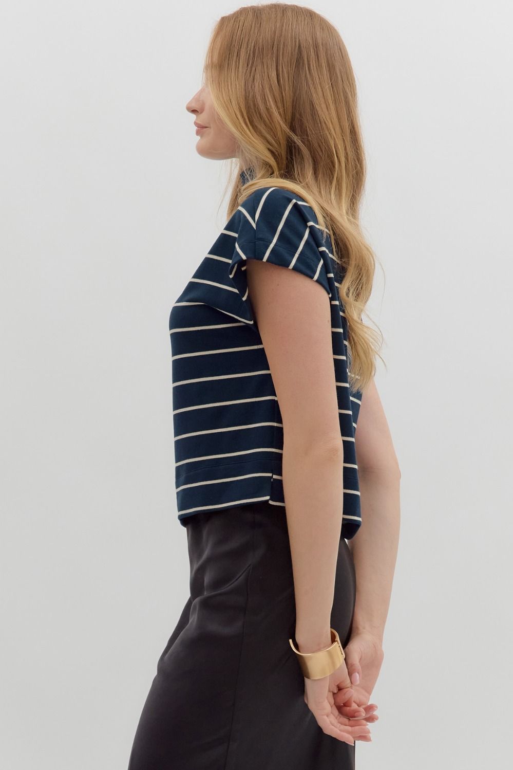 Elanie Navy Striped Mockneck Top