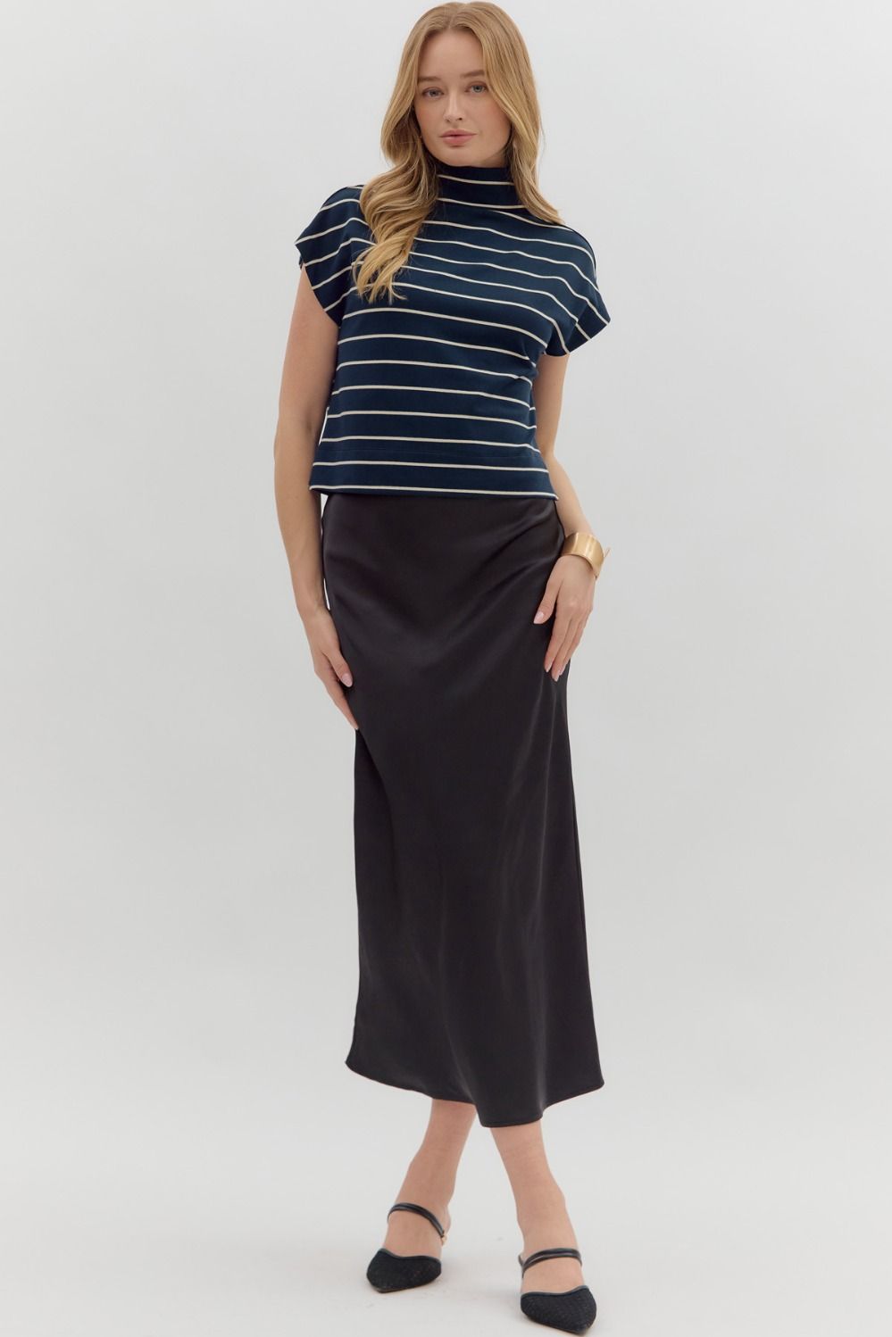 Elanie Navy Striped Mockneck Top