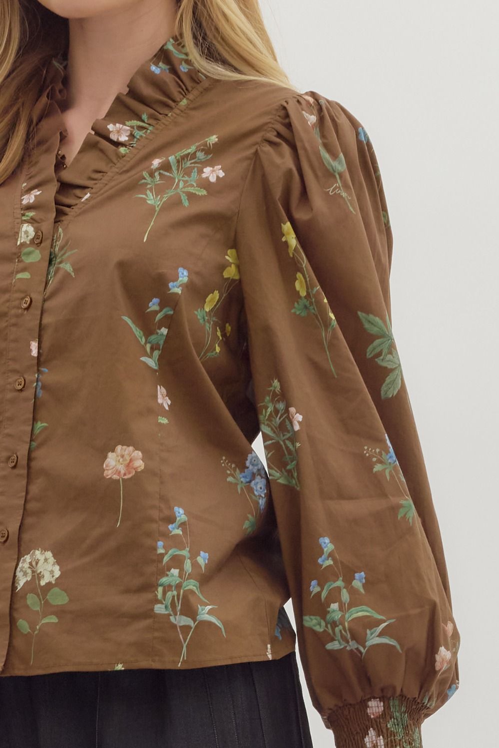 Mae Brown Floral Ruffled Blouse