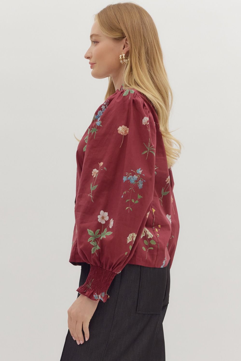 Mae Burgundy Floral Ruffled Blouse